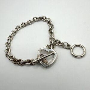 925 Sterling Silver Heart Toggle Rolo Link Charm Bracelet 7" 17.3g